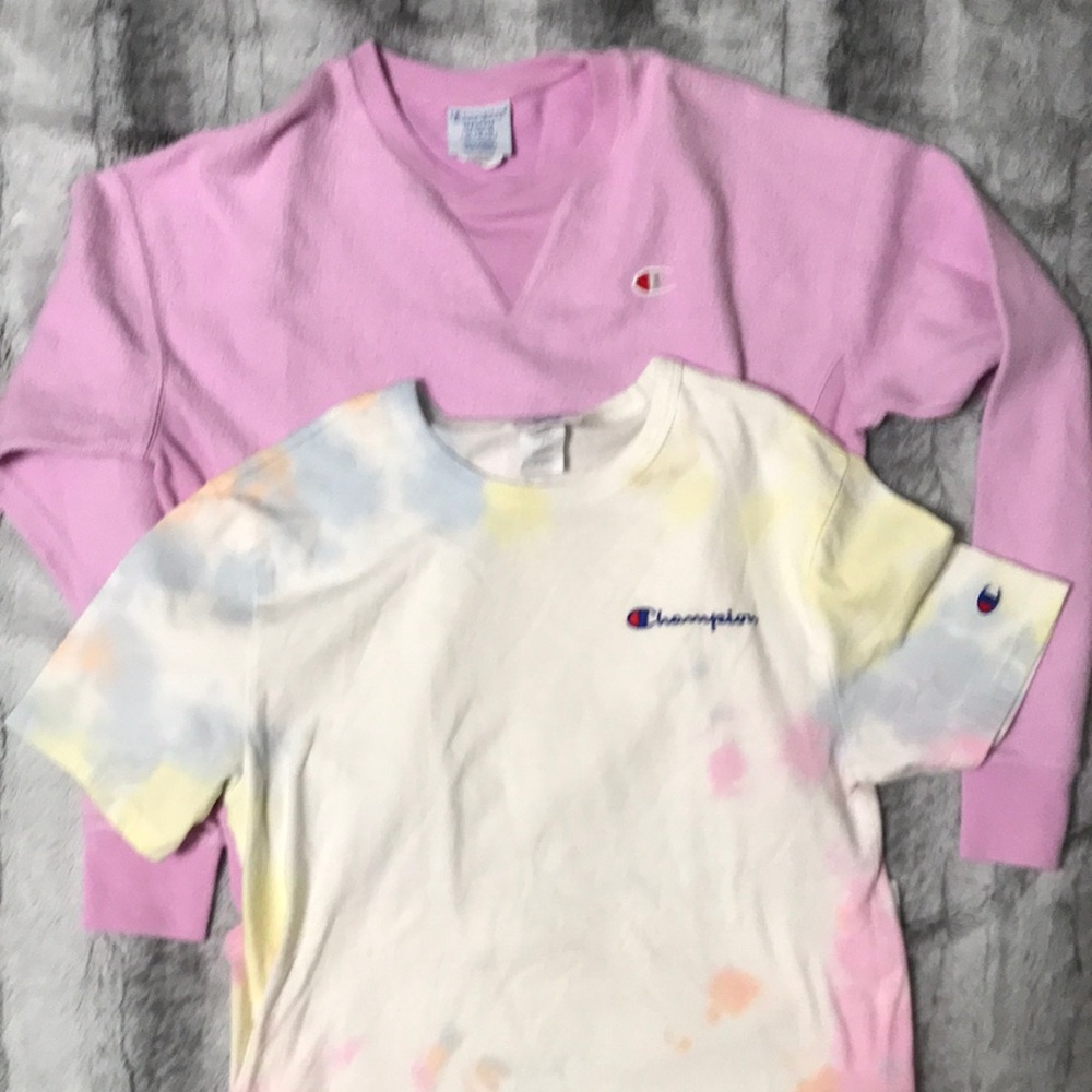 Champion pink reverse weave sweatshirt size medium & tie dye shirt size small